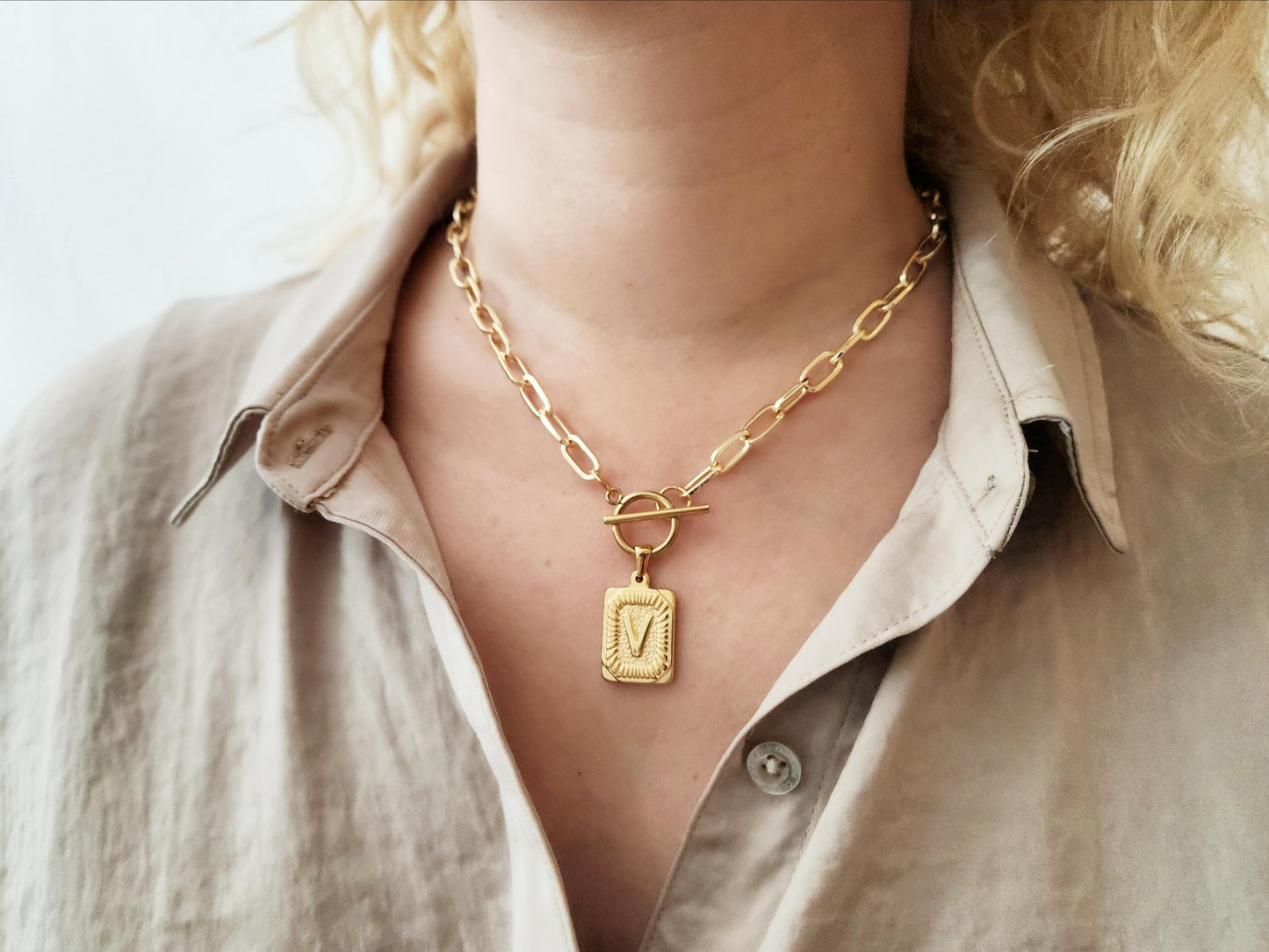 Silver-Gold Square Initial Necklace with Toggle Clasp,WATERPROOF, Custom Gift.