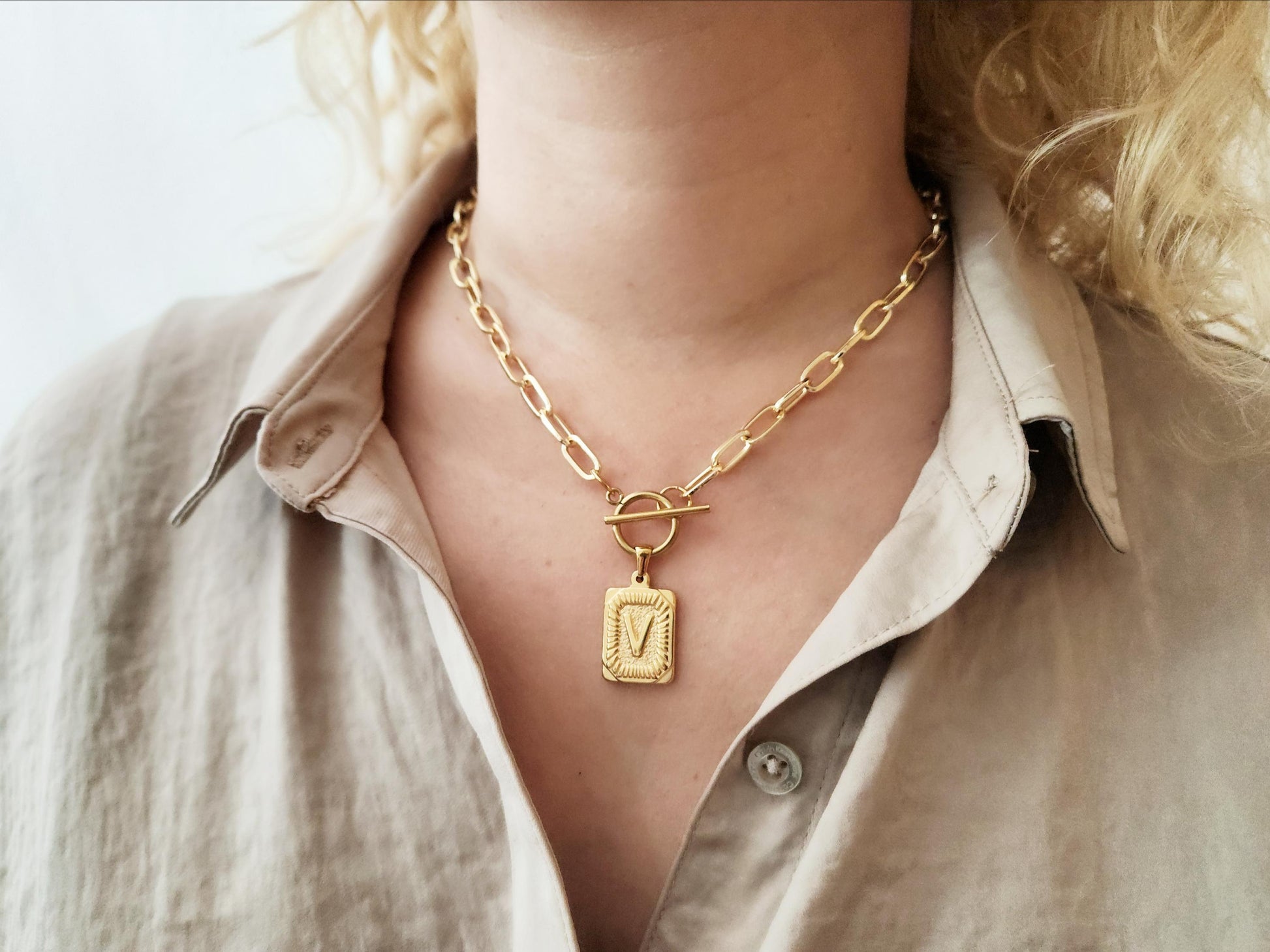Silver-Gold Square Initial Necklace with Toggle Clasp,WATERPROOF, Custom Gift.