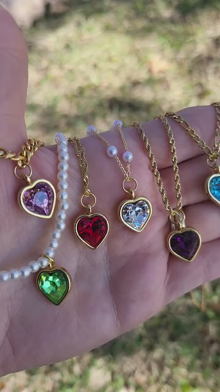 Gold Heart Necklace ,Red, Blue, Green, White, Red Heart, WATERPROOF Adjustable Chains.