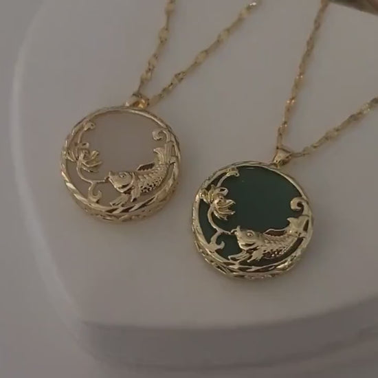 Gold  Fish Jade Necklace, WATERPROOF Chains.
