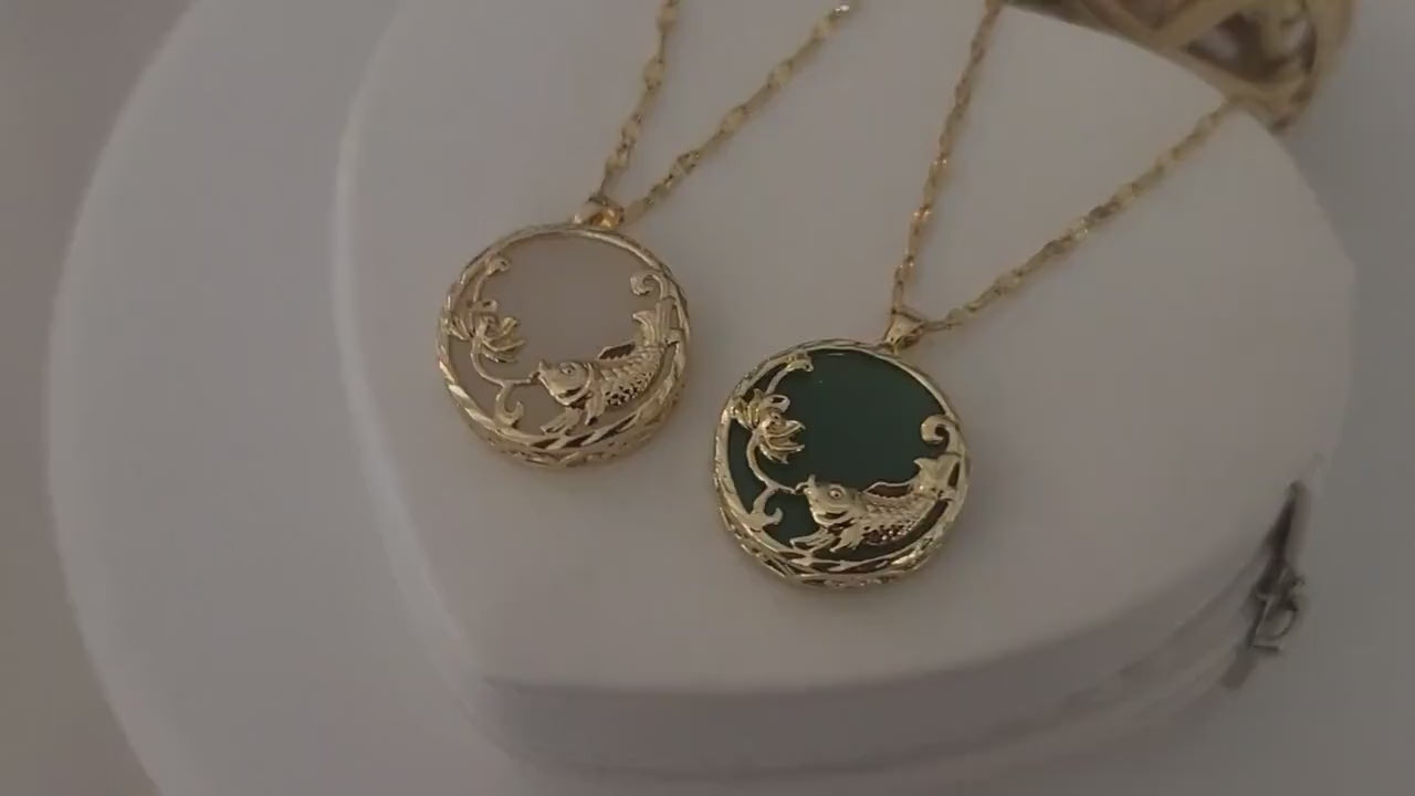 Gold  Fish Jade Necklace, WATERPROOF Chains.