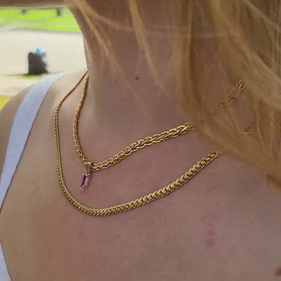 Gold Filled Snake  Chain Necklace,Square Zircon Pendant Necklace,WATERPROOF.