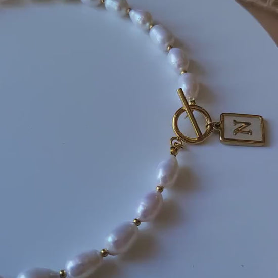 Gold Filled Real Freshwater Pearl Necklace ,Round initial , Square initial, Toggle claps.