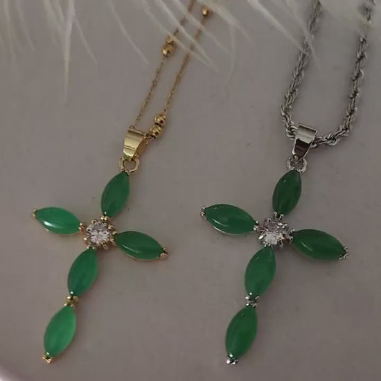 Green Natural  Jade Cross Necklaces, WATERPROOF Adjustable Chains.