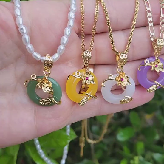 Gold Natural  Circle Flower Jade Necklace, WATERPROOF Adjustable Chains.