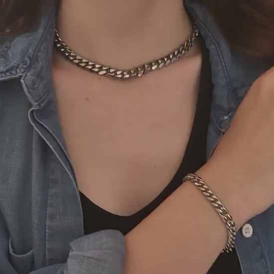 Silver Stainless Steel Non Tarnish Cuban  Chain Bracelet,Chunky Necklace,WATERPROOF.