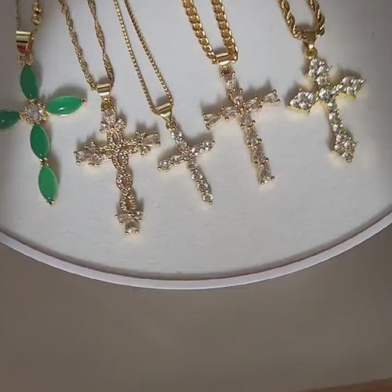 Genuine Diamond Cross, Diamond Cross Necklace, 18K Gold Diamond Cross Pendant Dainty, Green Jade Cross, WATERPROOF Adjustable Chains.