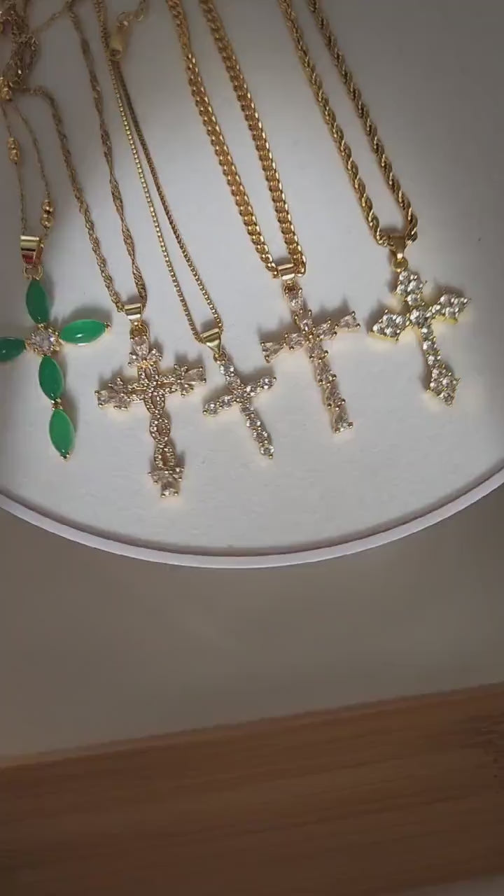 Genuine Diamond Cross, Diamond Cross Necklace, 18K Gold Diamond Cross Pendant Dainty, Green Jade Cross, WATERPROOF Adjustable Chains.