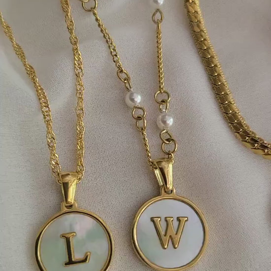 Gold Filled  Mother of Pearl Round  Initial Name Necklace, Birthday Gift.